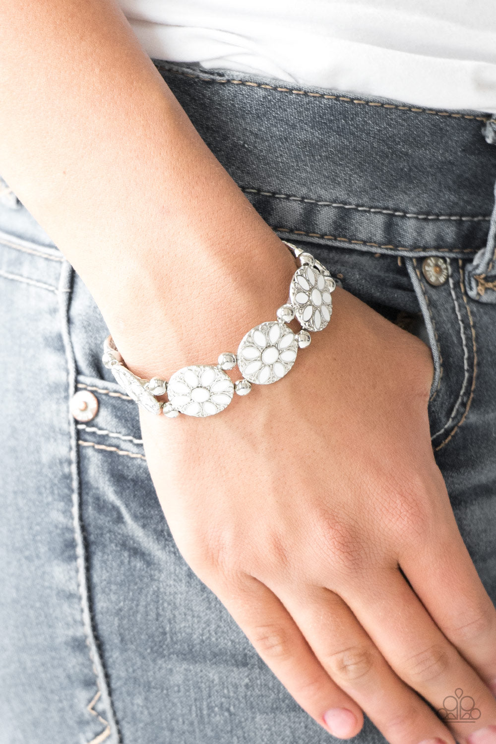 Dancing Dahlias - White Bracelet - Paparazzi Accessories