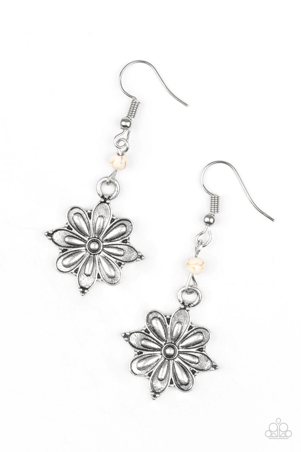 Cactus Blossom Silver White Floral Earrings - Paparazzi Accessories