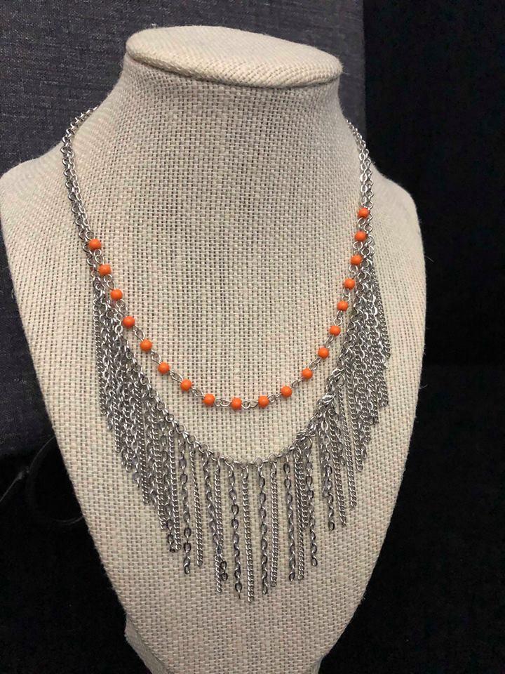 Fierce In Fringe - Orange/Silver Necklace - Paparazzi Accessories