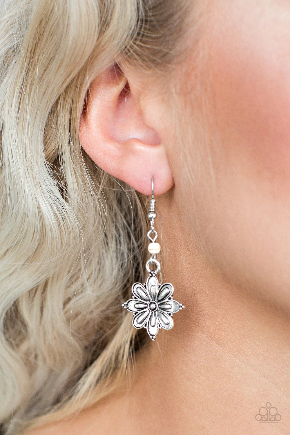 Cactus Blossom Silver White Floral Earrings - Paparazzi Accessories