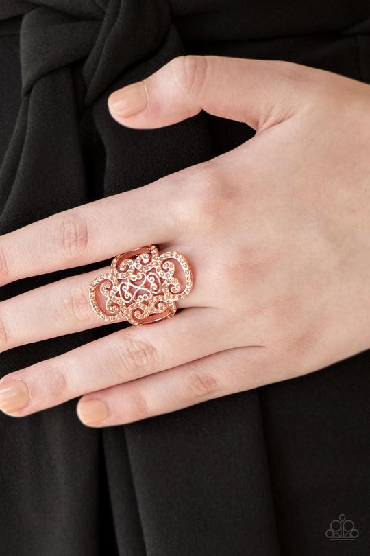 Regal Regalia - Copper Ring - Peach Rhinestones - Filigree - Ring - Paparazzi Accessories