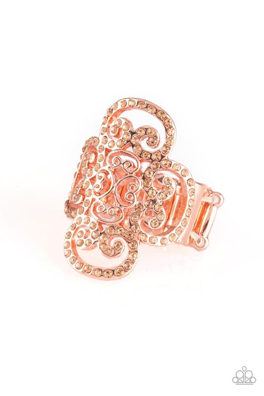 Regal Regalia - Copper Ring - Peach Rhinestones - Filigree - Ring - Paparazzi Accessories